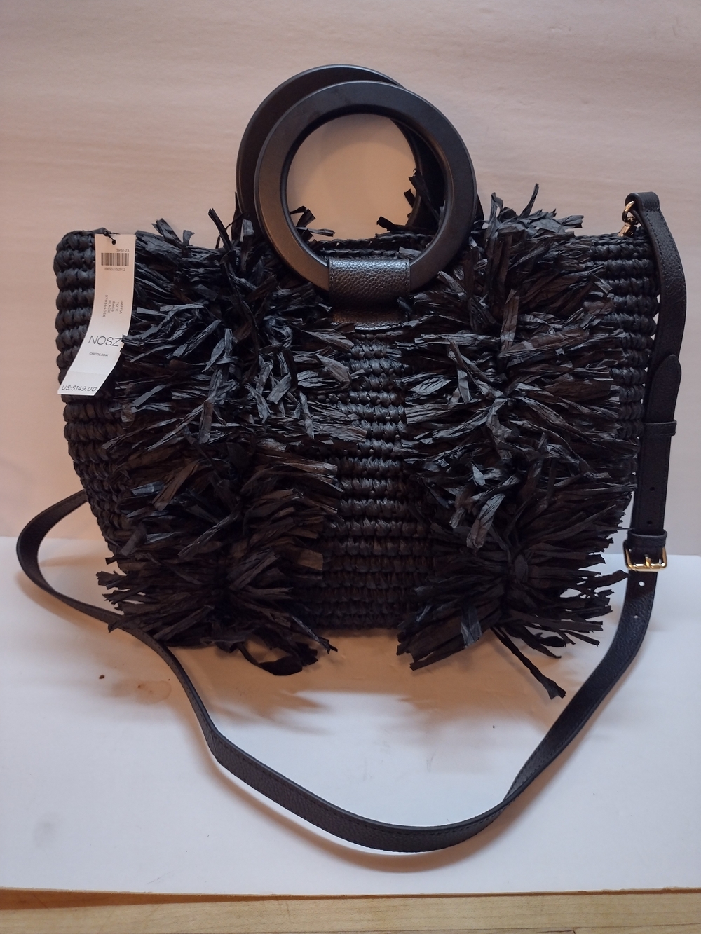 Chico's Raffia Black Straw Bag With Strap Wood Double Handles Summertime NWT